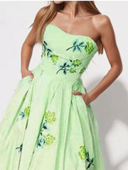 Light Green floral print tube maxi dress with pockets.