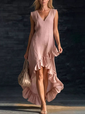 Dusty pink high-low ruffle hem dress with V-neck and sleeveless cut