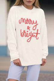 Ivory knit sweater with red candy cane script text reading Merry & Bright.