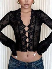 Black sheer lace long sleeve t-shirt with button front and floral pattern.