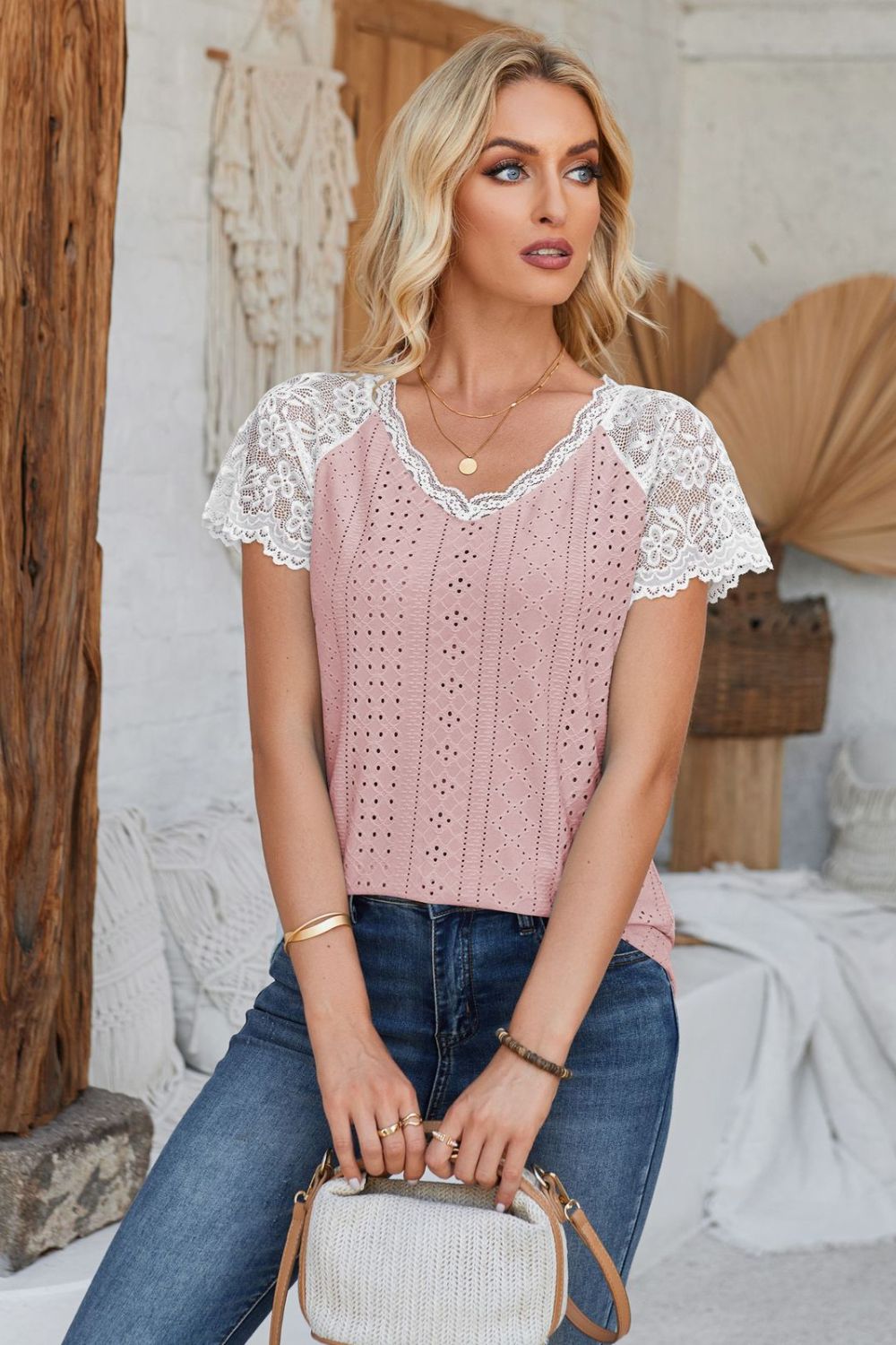 Dusty Pink eyelet raglan blouse with white lace short sleeves and V-neck.