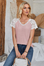 Dusty Pink eyelet raglan blouse with white lace short sleeves and V-neck.