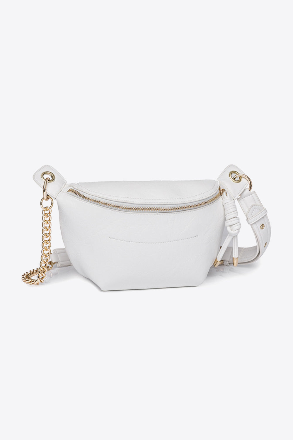White crossbody bag with gold chain detail and zip closure