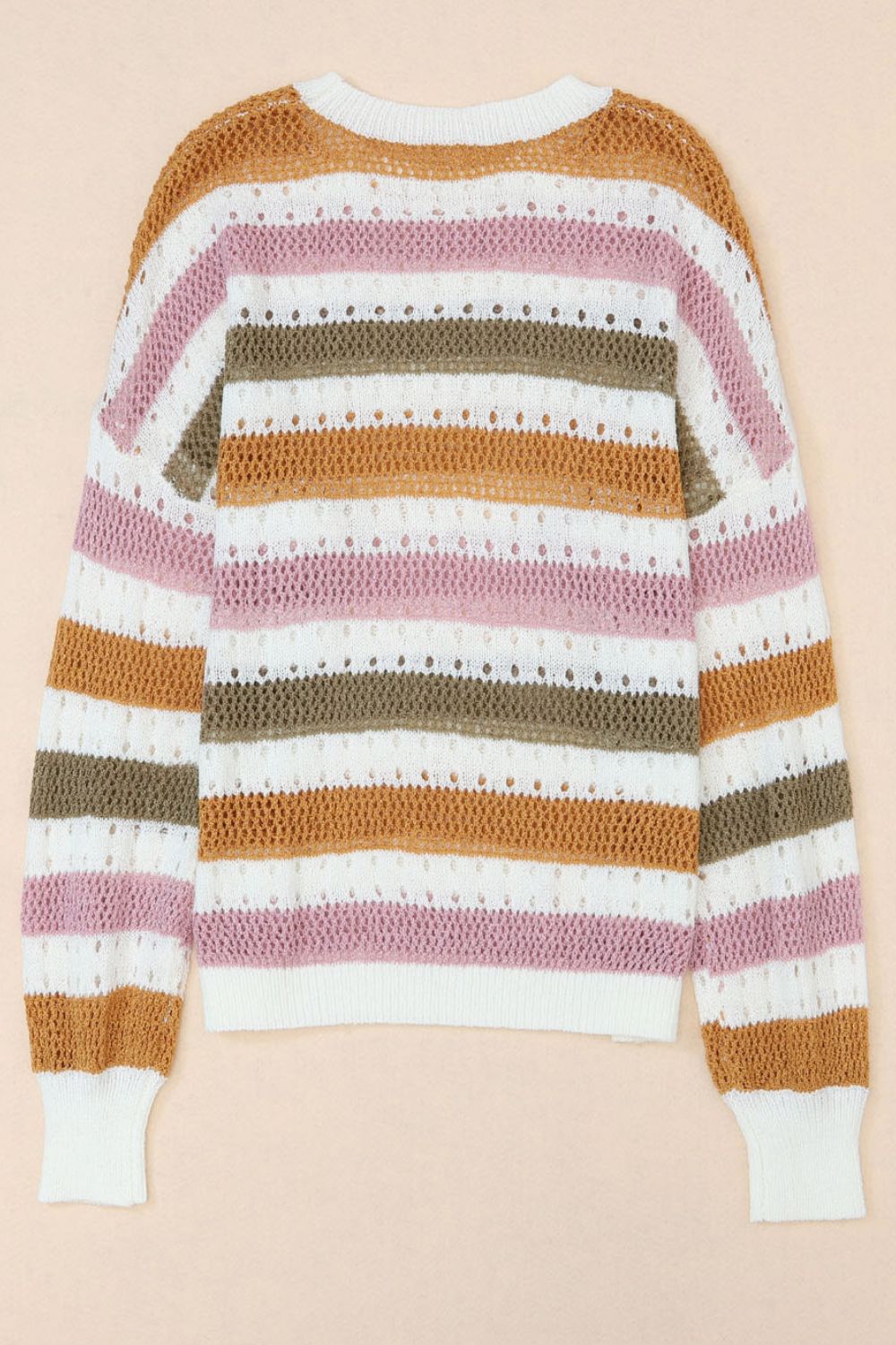 Openwork stripe crewneck sweater in acrylic with open knit detail and banded cuffs.