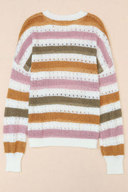 Openwork stripe crewneck sweater in acrylic with open knit detail and banded cuffs.