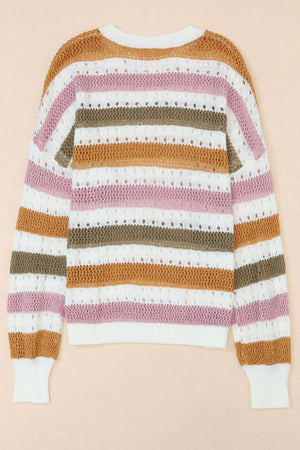 Openwork stripe crewneck sweater in acrylic with open knit detail and banded cuffs.