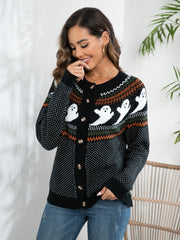 Black button-down cardigan with ghost Fair Isle pattern and orange, green, white accents