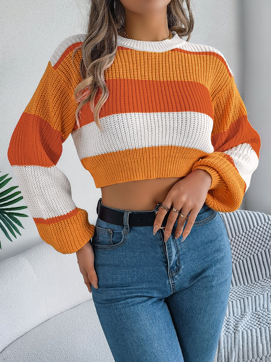 Striped balloon sleeve crop knit sweater in tangerine, acrylic, casual style