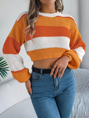 Striped balloon sleeve crop knit sweater in tangerine, acrylic, casual style