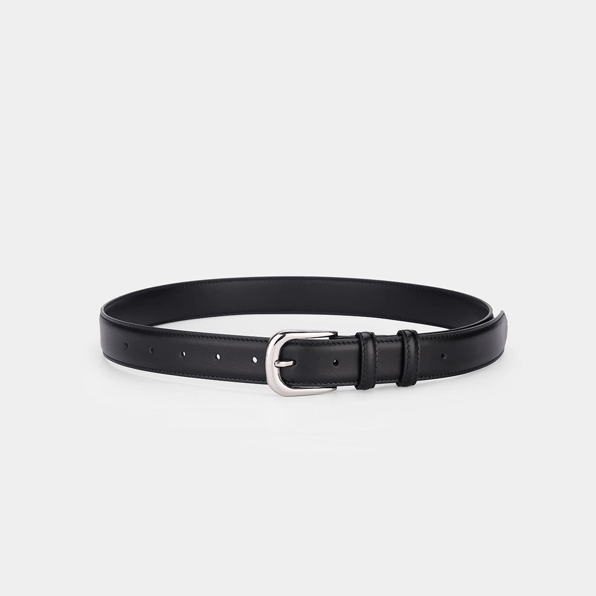 Black cowhide leather slim belt with silver buckle