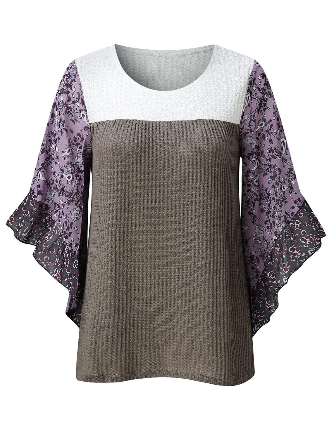 Textured panel blouse with white and gray waffle knit body and purple floral flutter sleeves.