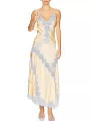 Beige lace cami and maxi skirt set with V-neckline and scalloped lace trim.