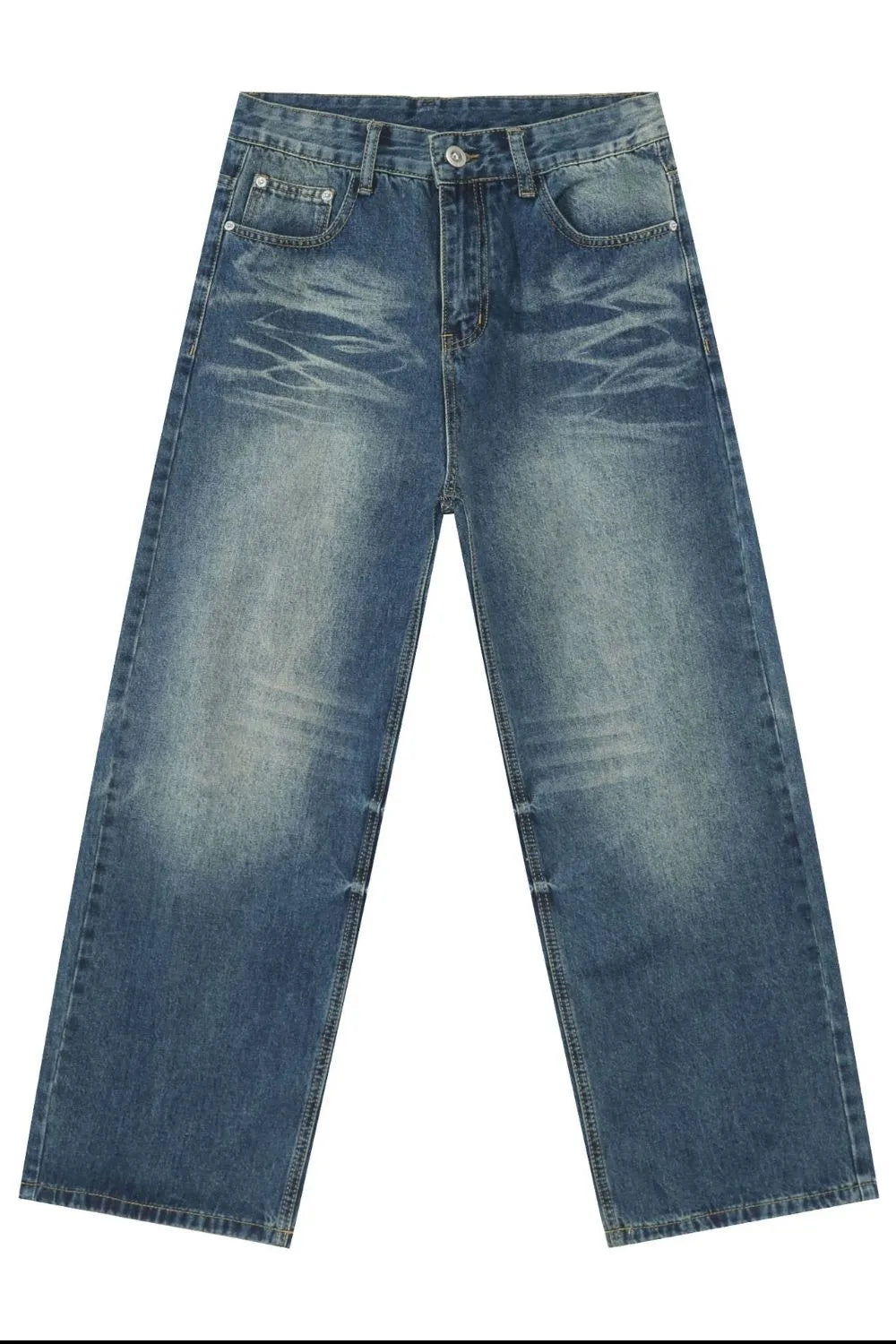 Medium wash denim jeans with distressed details and a wide-leg silhouette.