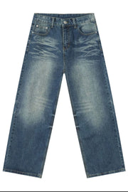 Medium wash denim jeans with distressed details and a wide-leg silhouette.