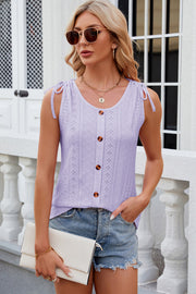 Lavender eyelet button-down tank top with tie shoulders