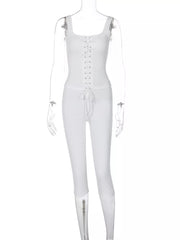 White ribbed lace-up tank top and capri pants set with drawstring waist