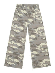 Faded wash palazzo denim trousers in green camouflage pattern with a wide leg.