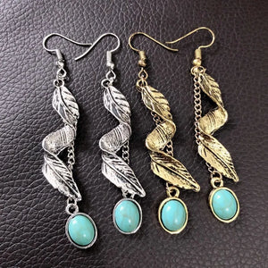 Feathered cascade turquoise drop earrings in silver and gold alloy with oval turquoise stones.