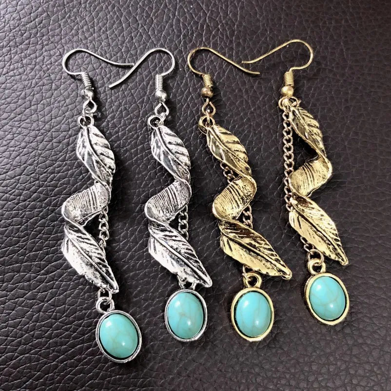 Feathered cascade turquoise drop earrings in silver and gold alloy with oval turquoise stones.