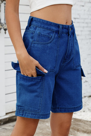 Medium wash denim utility shorts with multiple cargo pockets and contrast stitching.