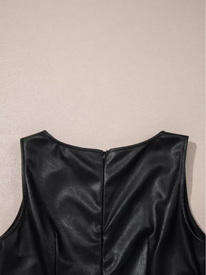 Black vegan leather sleeveless mini dress with a back zipper detail.