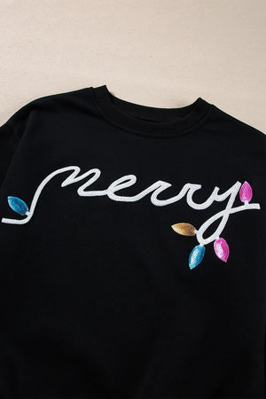 Black crewneck sweatshirt with white sequin "merry" text and colorful sequin Christmas lights.
