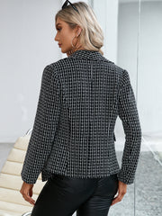 Black textured plaid double-breasted blazer with a classic fit.