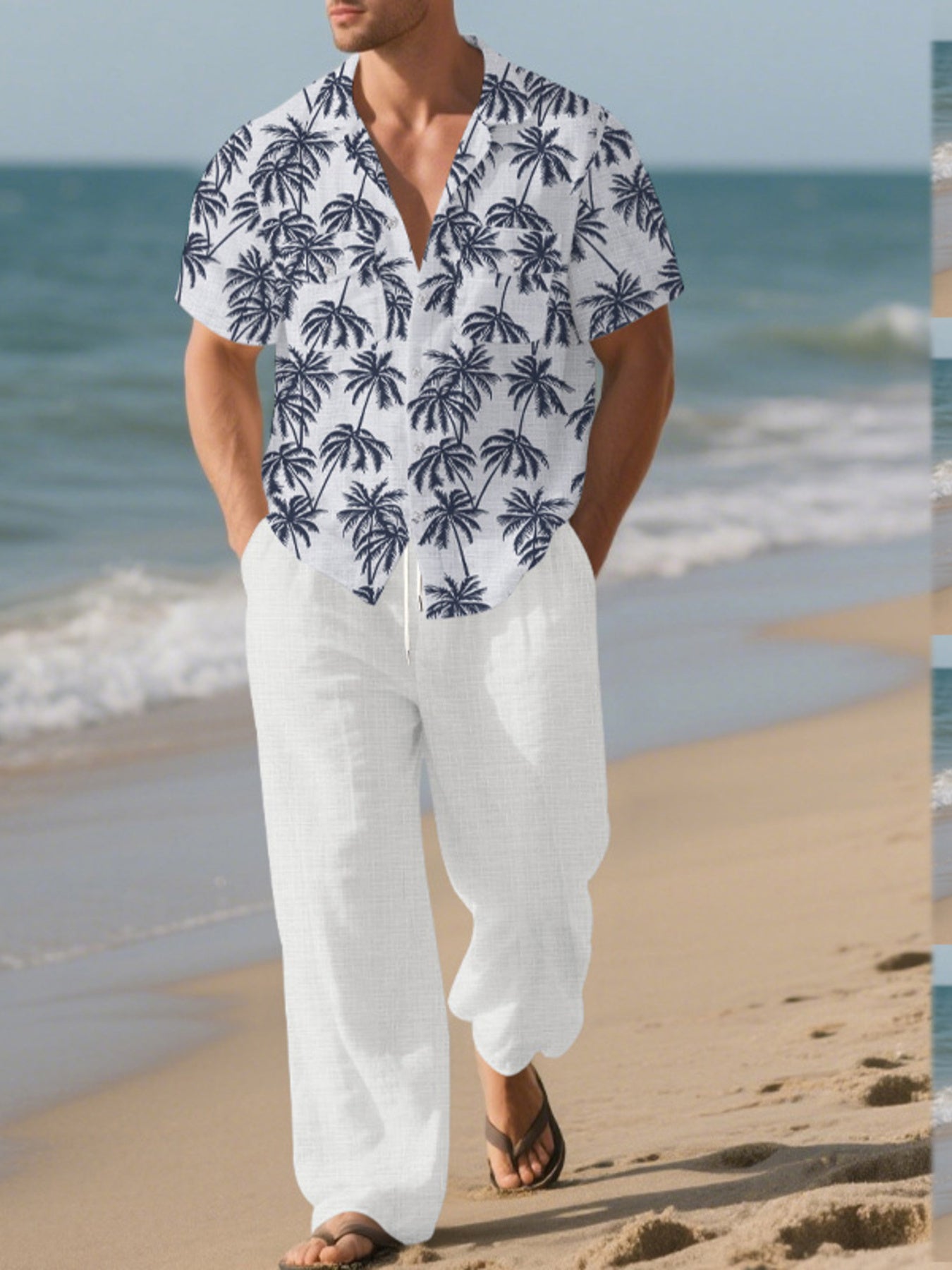 Men's white relaxed fit pants with drawstring waist, paired with a white short-sleeve button-down shirt featuring a navy