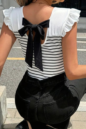 Chic striped tank top with ruffled sleeves and a black knot back detail.