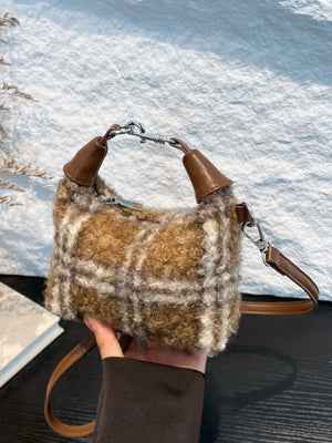 Shearling check mini shoulder bag in brown with leather trim and silver hardware.