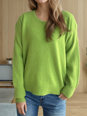 Lime green relaxed-fit V-neck knit sweater with ribbed hem and cuffs.