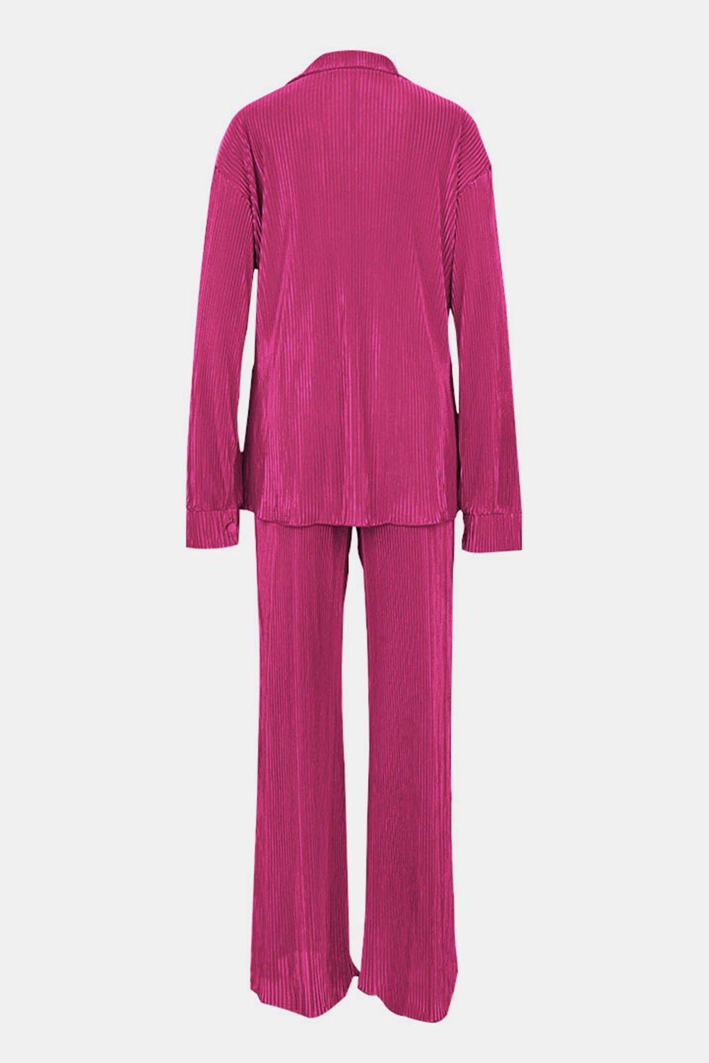 Fuchsia pink pleated shirt and wide-leg trouser set with collared neckline and long sleeves.