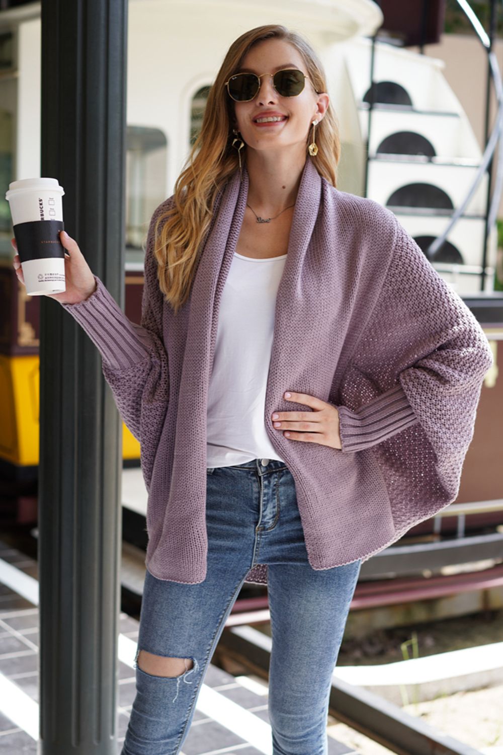 Lavender cocoon knit sleeve cardigan with open front and textured sleeves.