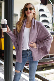 Lavender cocoon knit sleeve cardigan with open front and textured sleeves.
