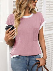 Ribbed knit tee in Blush Pink with white contrast piping and chest pocket.