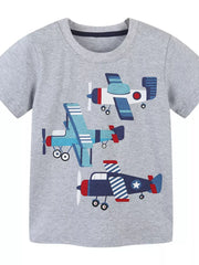 Grey cotton crew neck t-shirt with playful cartoon airplane graphics for toddlers.