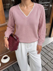 V-neck Openwork Long Sleeve Sweater, side view
