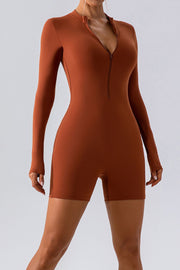 Caramel long sleeve romper with zip detail and short legs