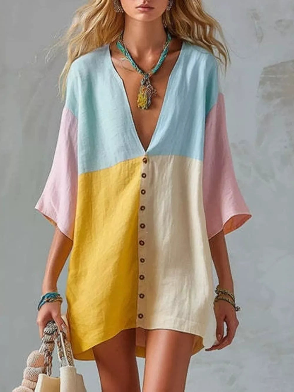 Color Block V-neck Mini Dress in Yellow, front view