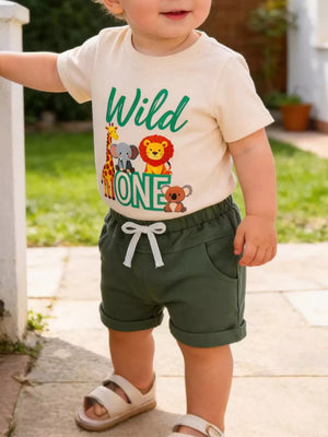 Children S Graphic Round Neck Tee And Shorts in Green, front view