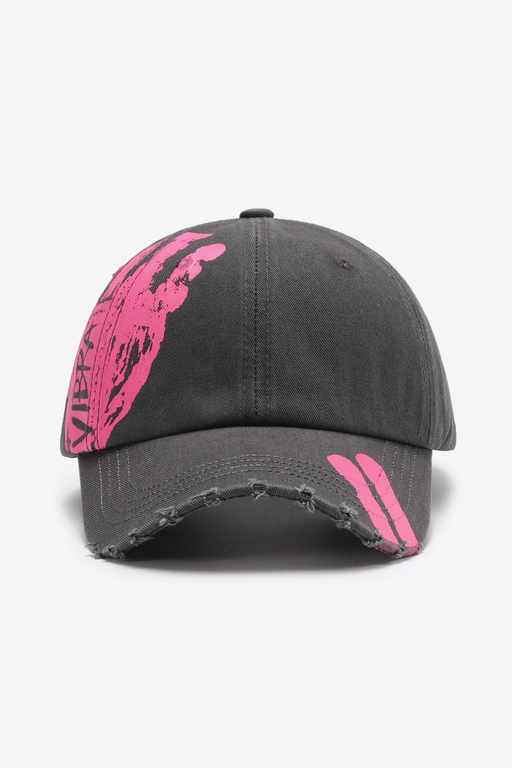 Dark gray baseball cap with distressed brim and pink graffiti art detail.