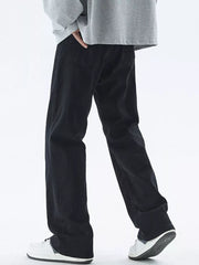 Black relaxed fit cotton jeans for men with a straight leg cut.
