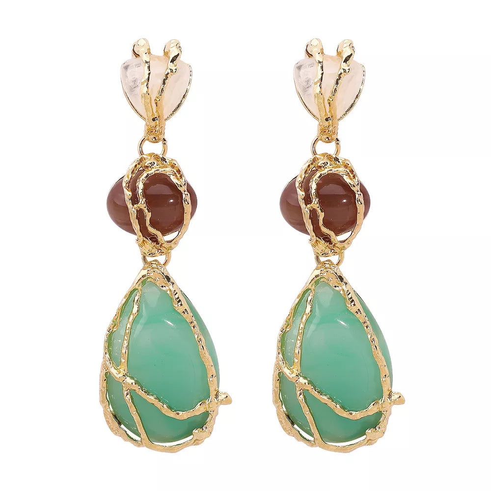 Gold-plated teardrop dangle earrings with brown and green stones.