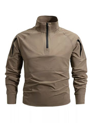 Khaki quick-dry half-zip sweatshirt with zippered chest pocket and shoulder pockets.