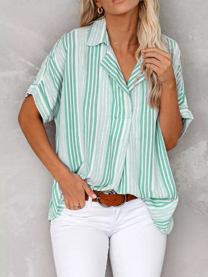 Green Stripe collared half sleeve maternity shirt with a relaxed fit.