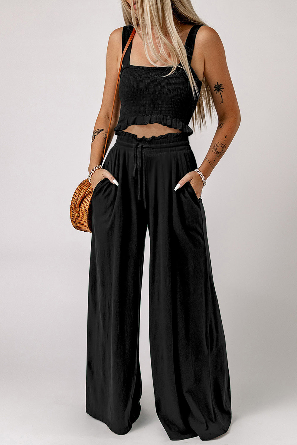 Black smocked crop top and wide leg lounge pants set with drawstring waist