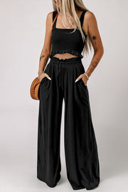 Black smocked crop top and wide leg lounge pants set with drawstring waist