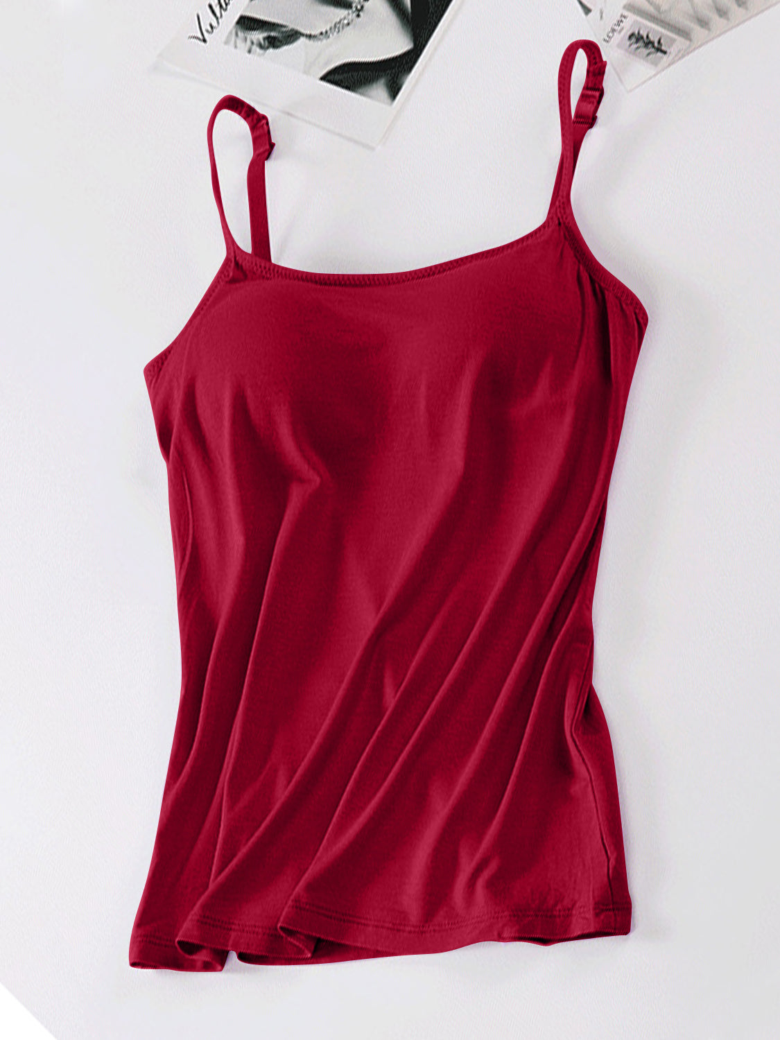Wine soft-cup cami with adjustable straps and a scoop neckline.