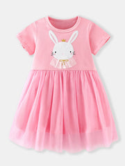 Pink cotton toddler dress with bunny appliqué and tulle skirt