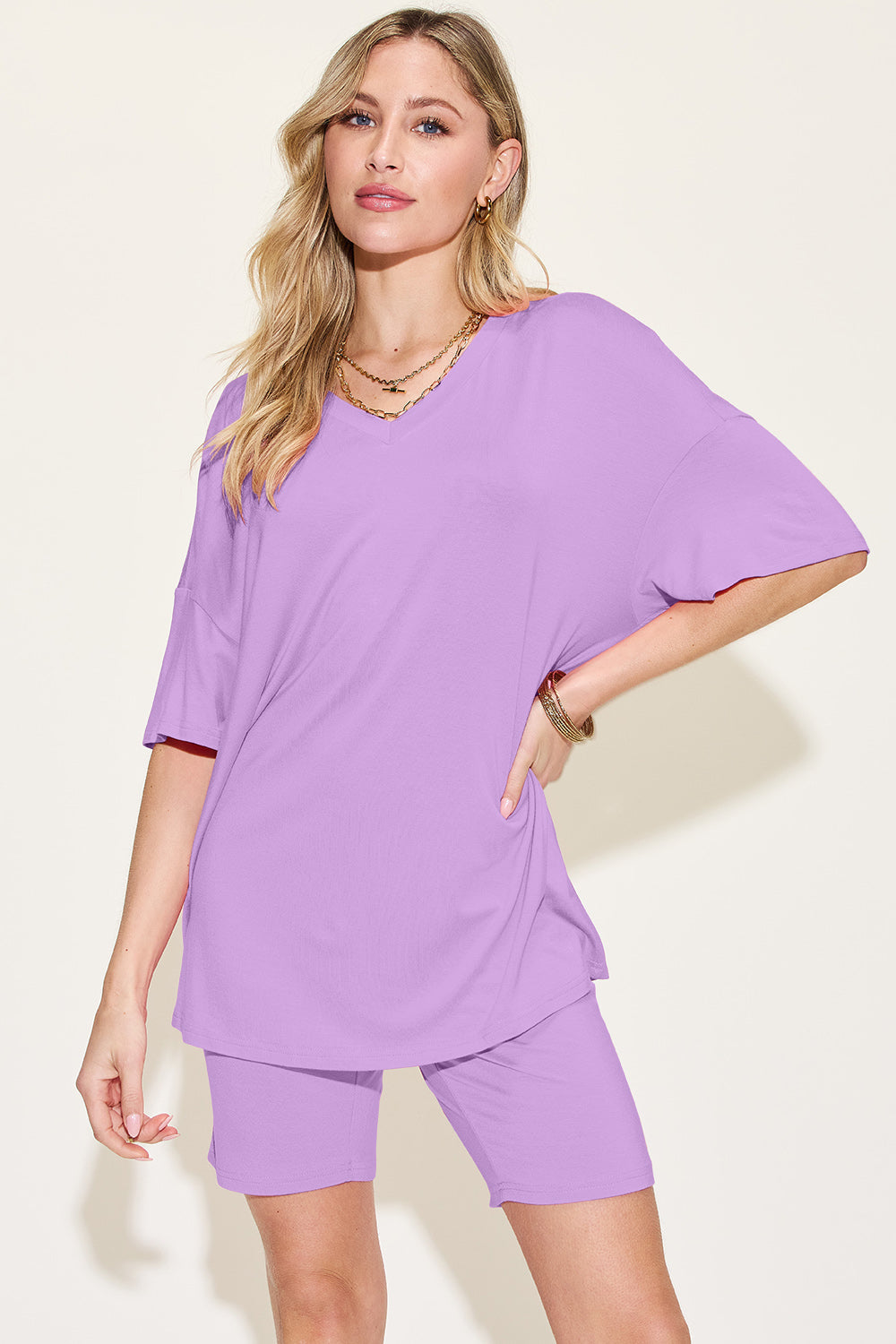Lavender relaxed tee and biker short loungewear set with v-neck and short sleeves.